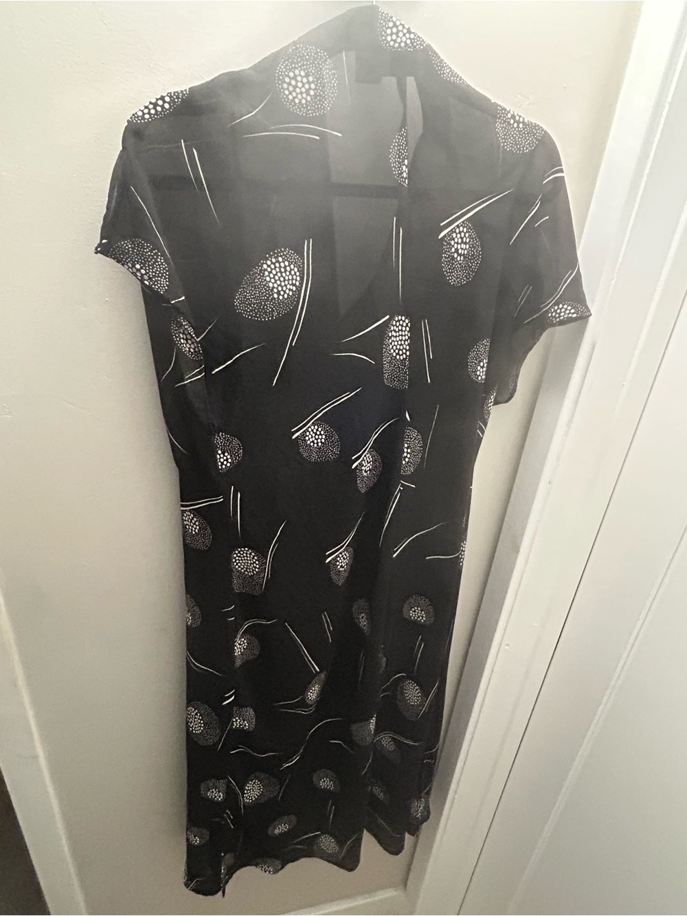 Black Printed Short-Sleeve Midi Dress with White Dot Motif